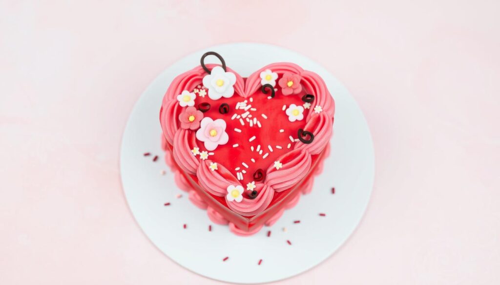 A heart-shaped cake adorned with colorful icing and a 'Happy Anniversary' message