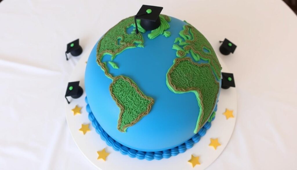 A beautifully decorated graduation cake with a mortarboard hat, diploma, and celebratory elements like stars and school colors, perfect for a graduation party.