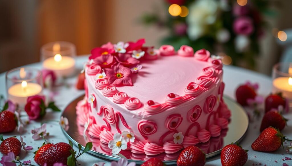 A heart-shaped cake with pink frosting and decorative sprinkles, perfect for special celebrations.