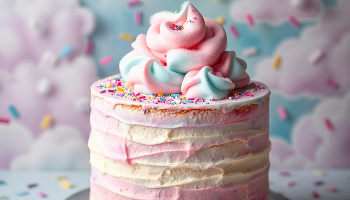 A whimsical cotton candy cake with pastel-colored frosting, topped with fluffy cotton candy clouds and sprinkles, perfect for a fun celebration.