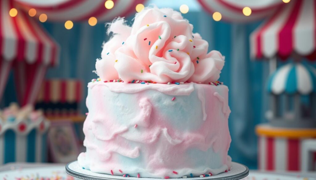 A whimsical cotton candy cake with pastel-colored frosting, topped with fluffy cotton candy clouds and sprinkles, perfect for a fun celebration.