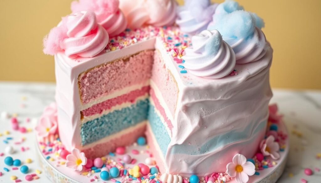 A whimsical cotton candy cake with pastel-colored frosting, topped with fluffy cotton candy clouds and sprinkles, perfect for a fun celebration.