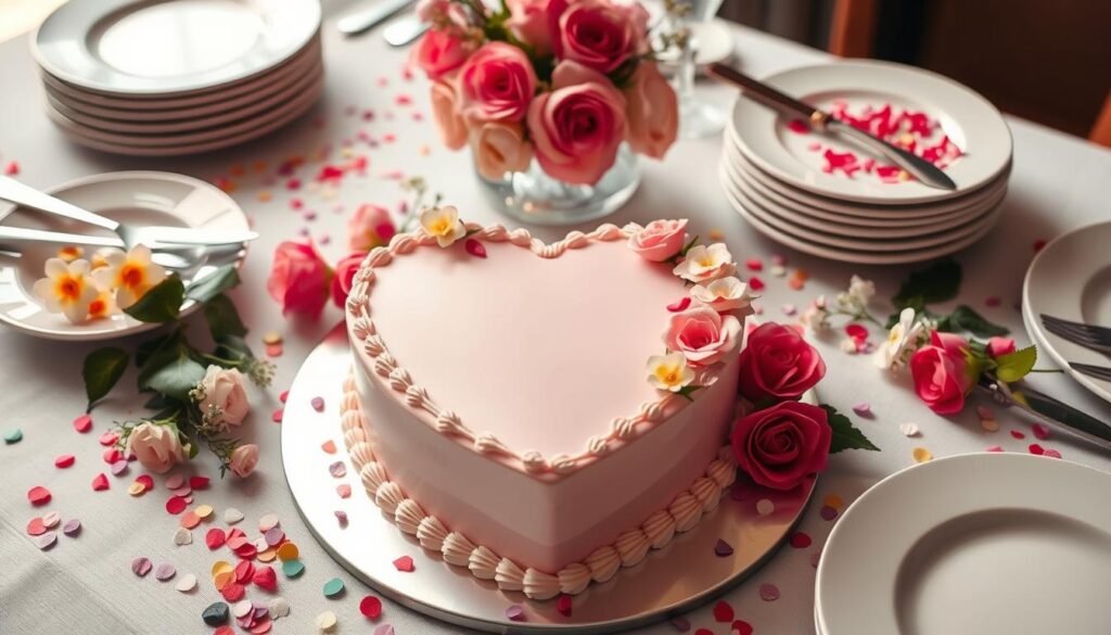 A beautifully decorated heart-shaped cake with frosting and sprinkles.