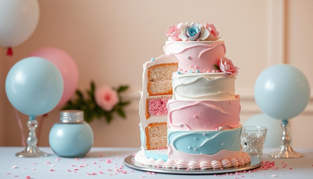 An elegant gender reveal cake with pastel pink and blue decorations, topped with question marks and a surprise center filled with colored sprinkles to reveal the baby's gender.