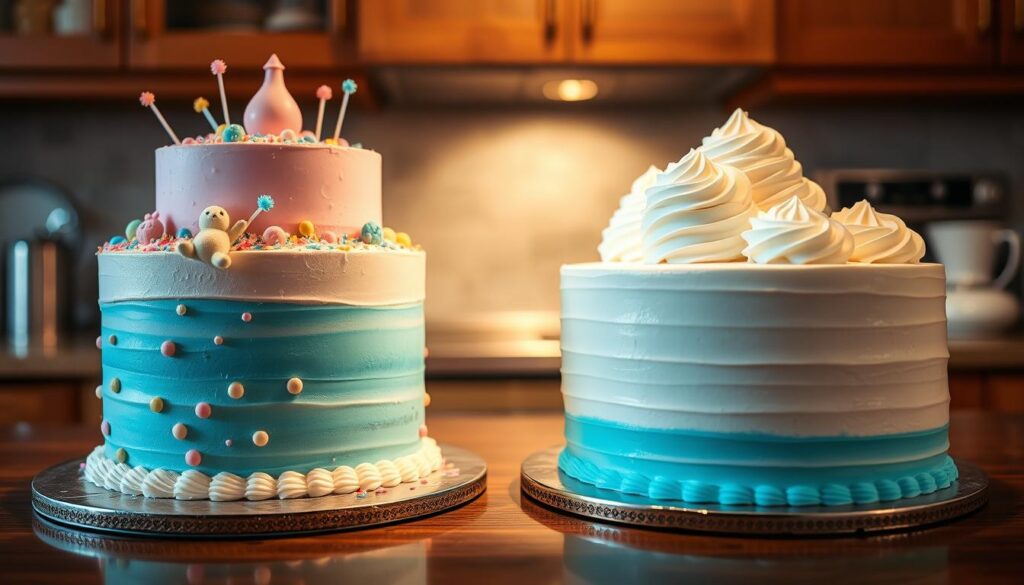 An elegant gender reveal cake with pastel pink and blue decorations, topped with question marks and a surprise center filled with colored sprinkles to reveal the baby's gender.