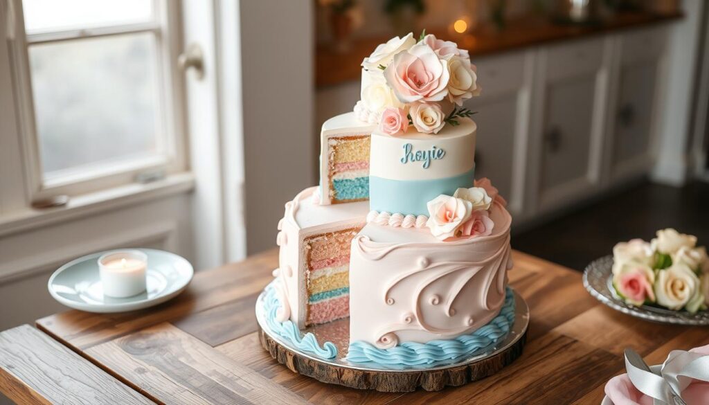 An elegant gender reveal cake with pastel pink and blue decorations, topped with question marks and a surprise center filled with colored sprinkles to reveal the baby's gender.