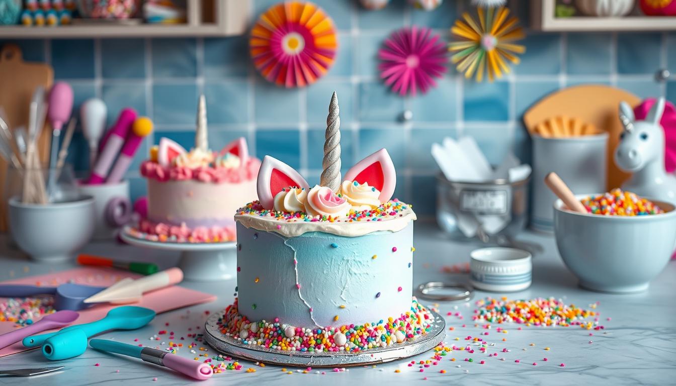 A stunning unicorn cake with colorful pastel frosting, a golden horn, and a mane made of vibrant swirls of buttercream, perfect for a magical celebration.