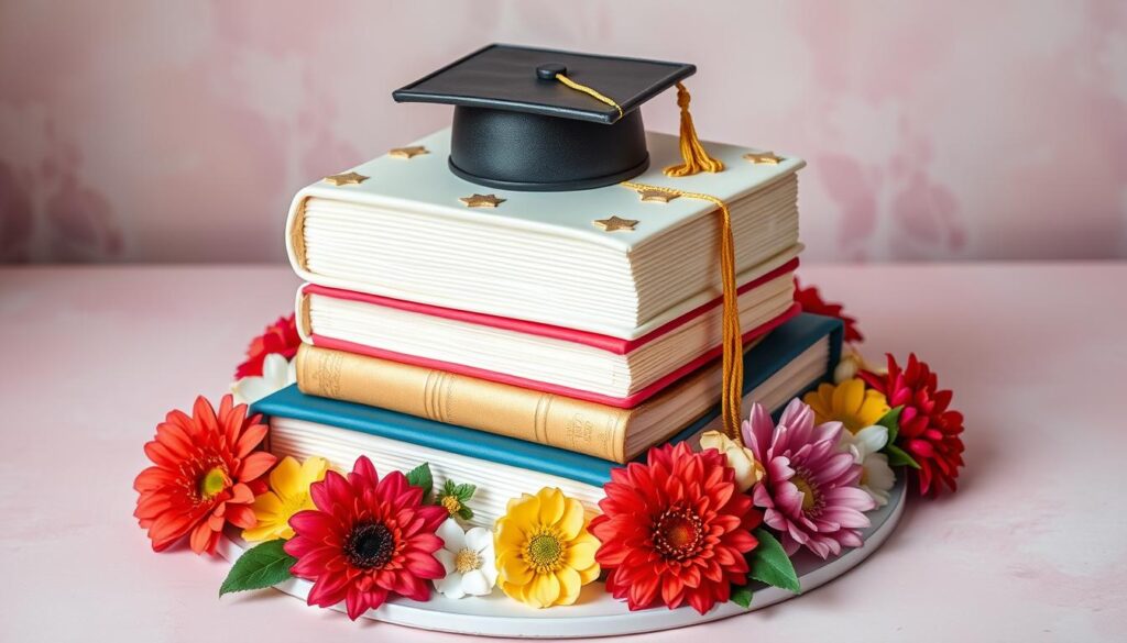 A beautifully decorated graduation cake with a mortarboard hat, diploma, and celebratory elements like stars and school colors, perfect for a graduation party.